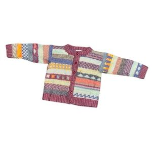VTG 90s hand knit children’s sweater cardigan patchwork mixed fair isle motifs
